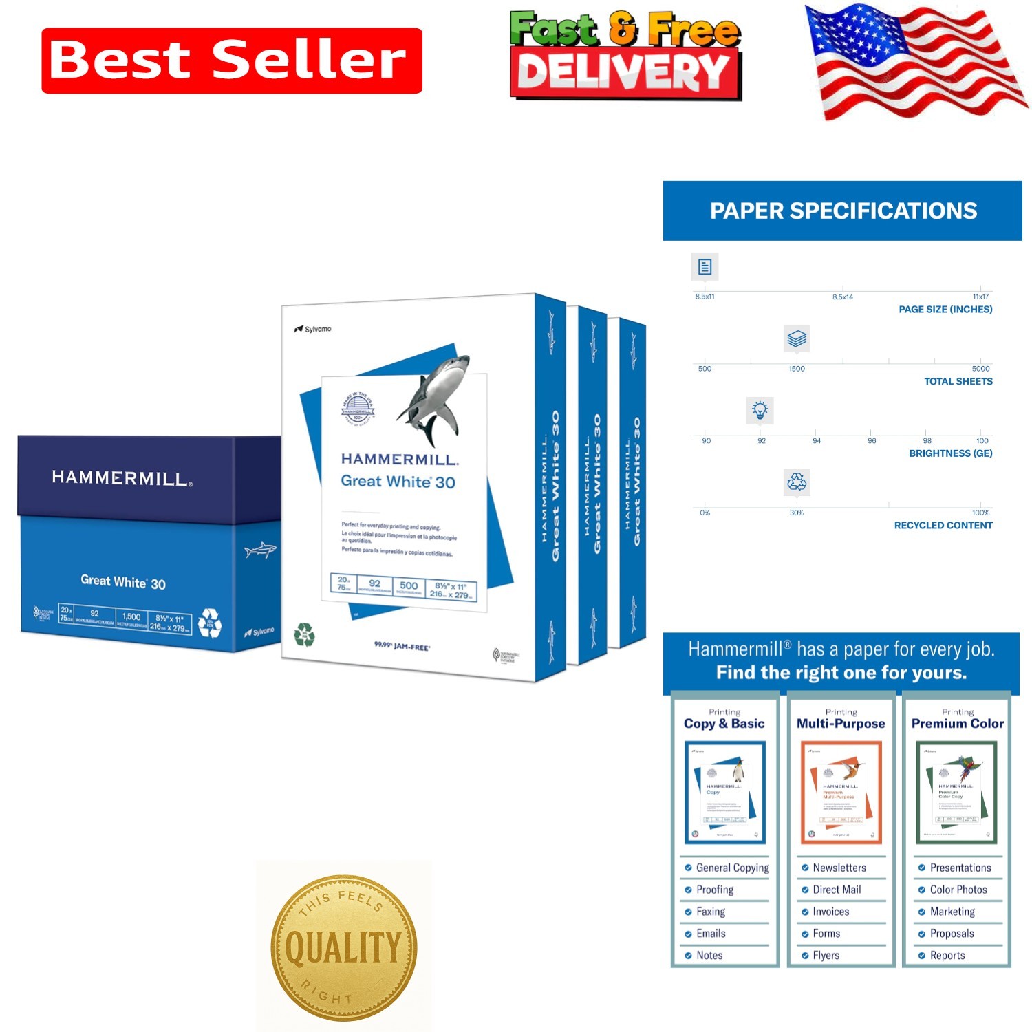 Great White Recycled Printer Paper 30% – 1,500 Sheets, 8.5×11 – 92 Brightness