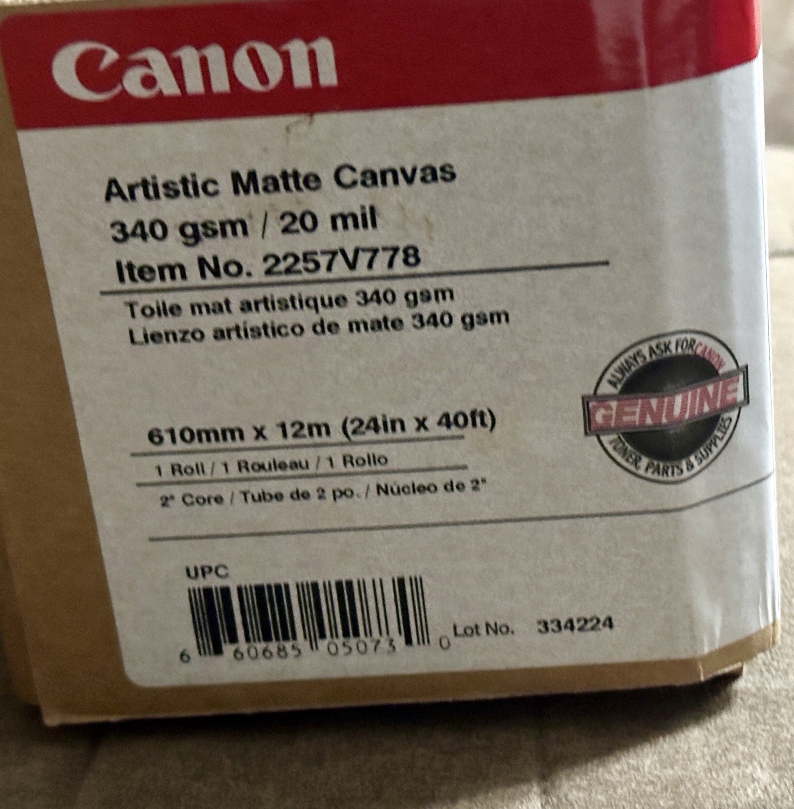 Canon Artistic Matte Canvas Inkjet Print 340gsm 24”x40’Roll NEW IN BOX UNOPENED