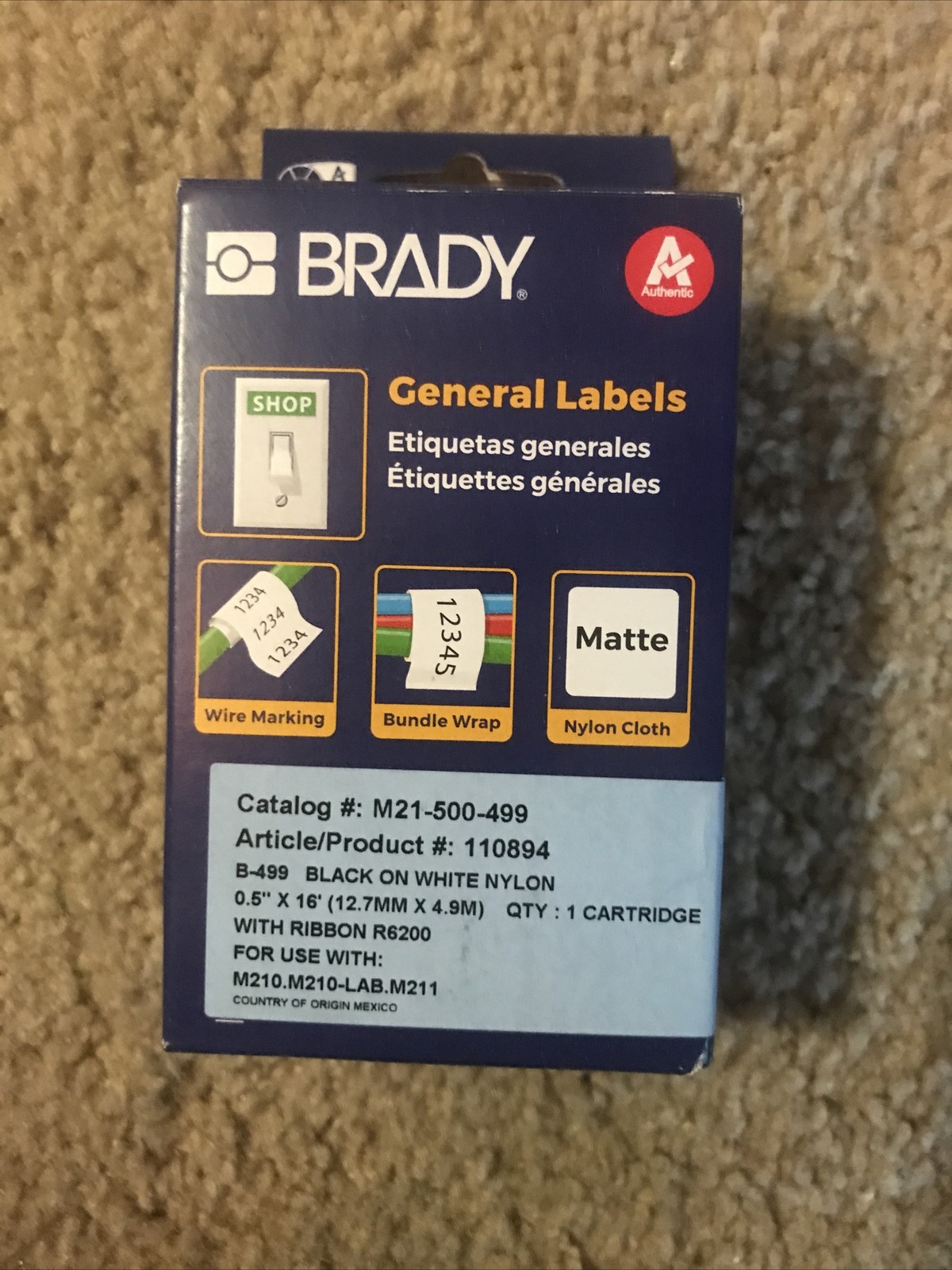 Brady General Labels, Catalog # M21-500-499. Black On White Nylon,