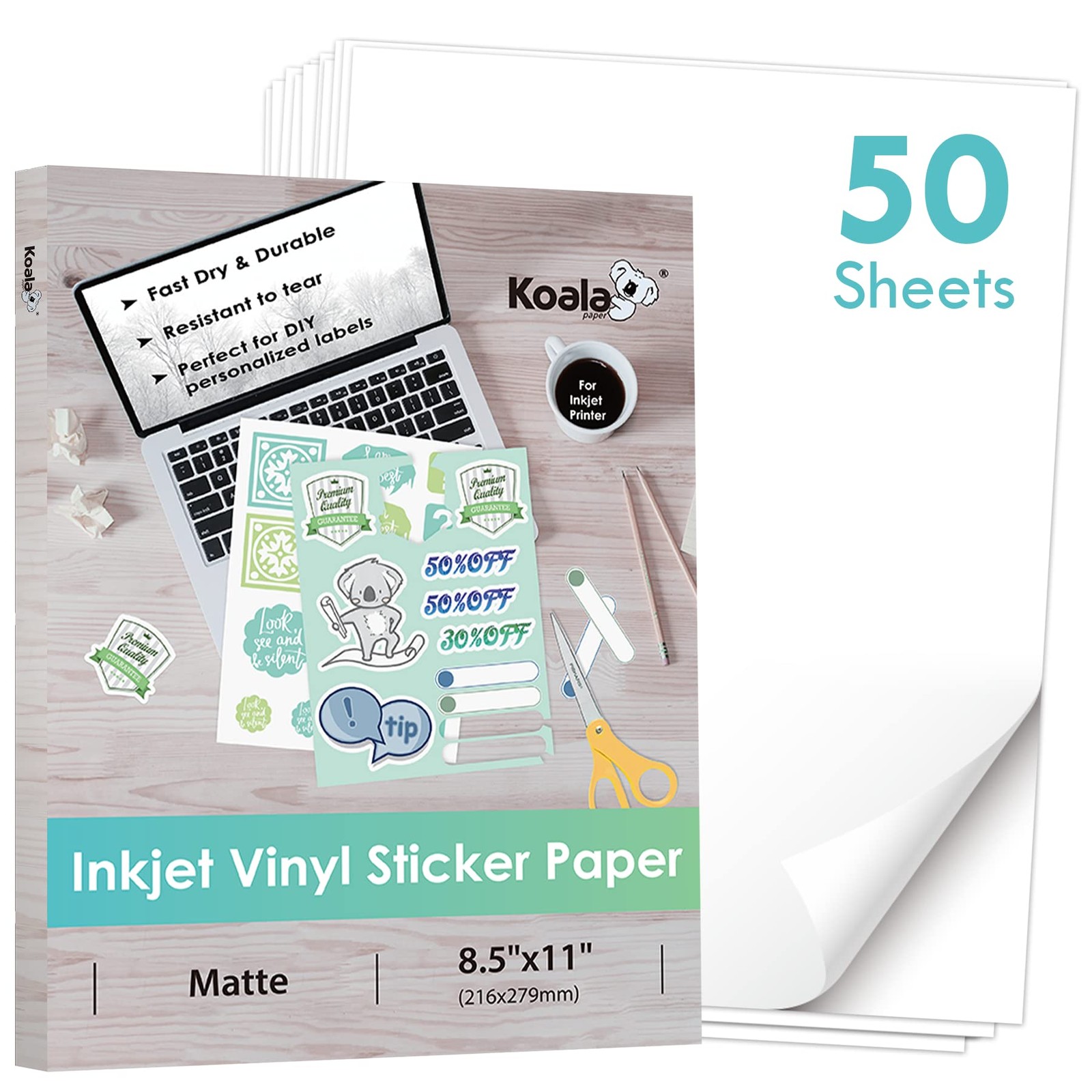 Koala Printable Vinyl Sticker Paper for Inkjet Printer – 50 Sheets Matte Whit…