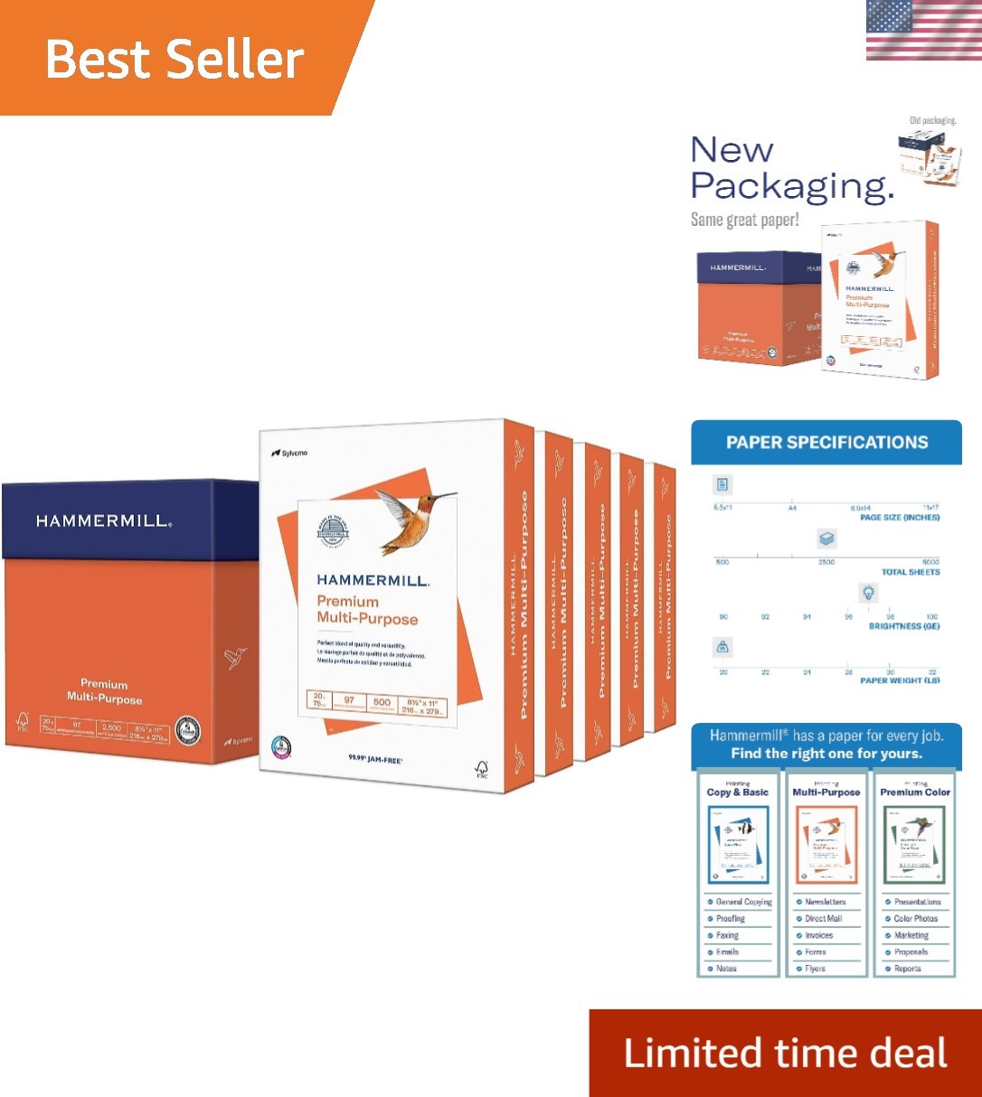 Sustainable 20 lb Multi-Purpose Printer Paper, 2500 Sheets, ColorLok Technology