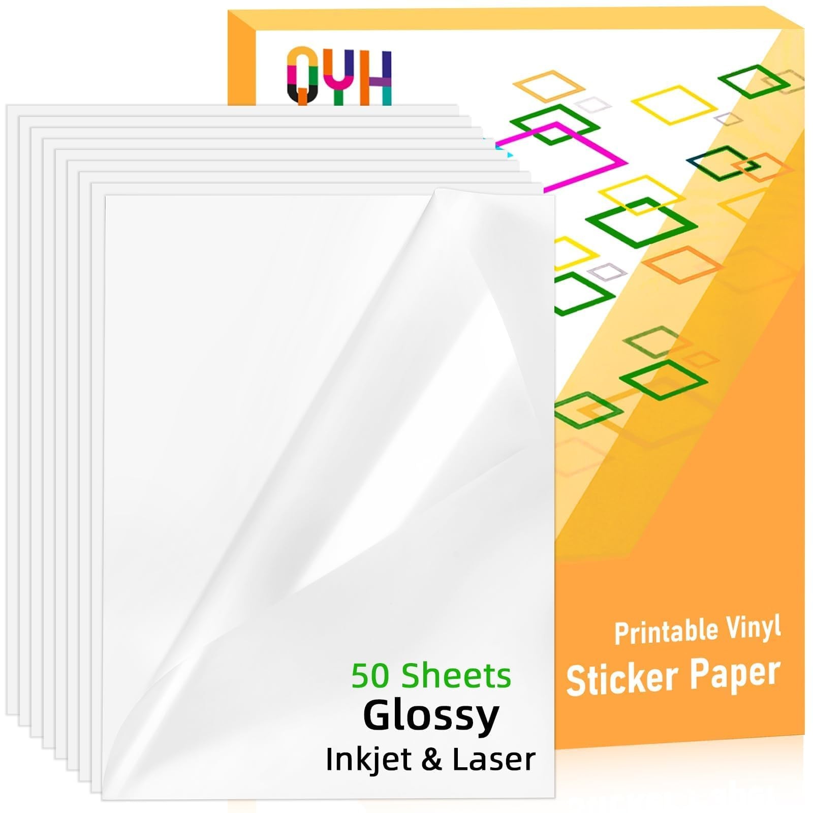 Premium Printable Vinyl Sticker Paper-50 Sheets Glossy White, Quick-Drying Wa…