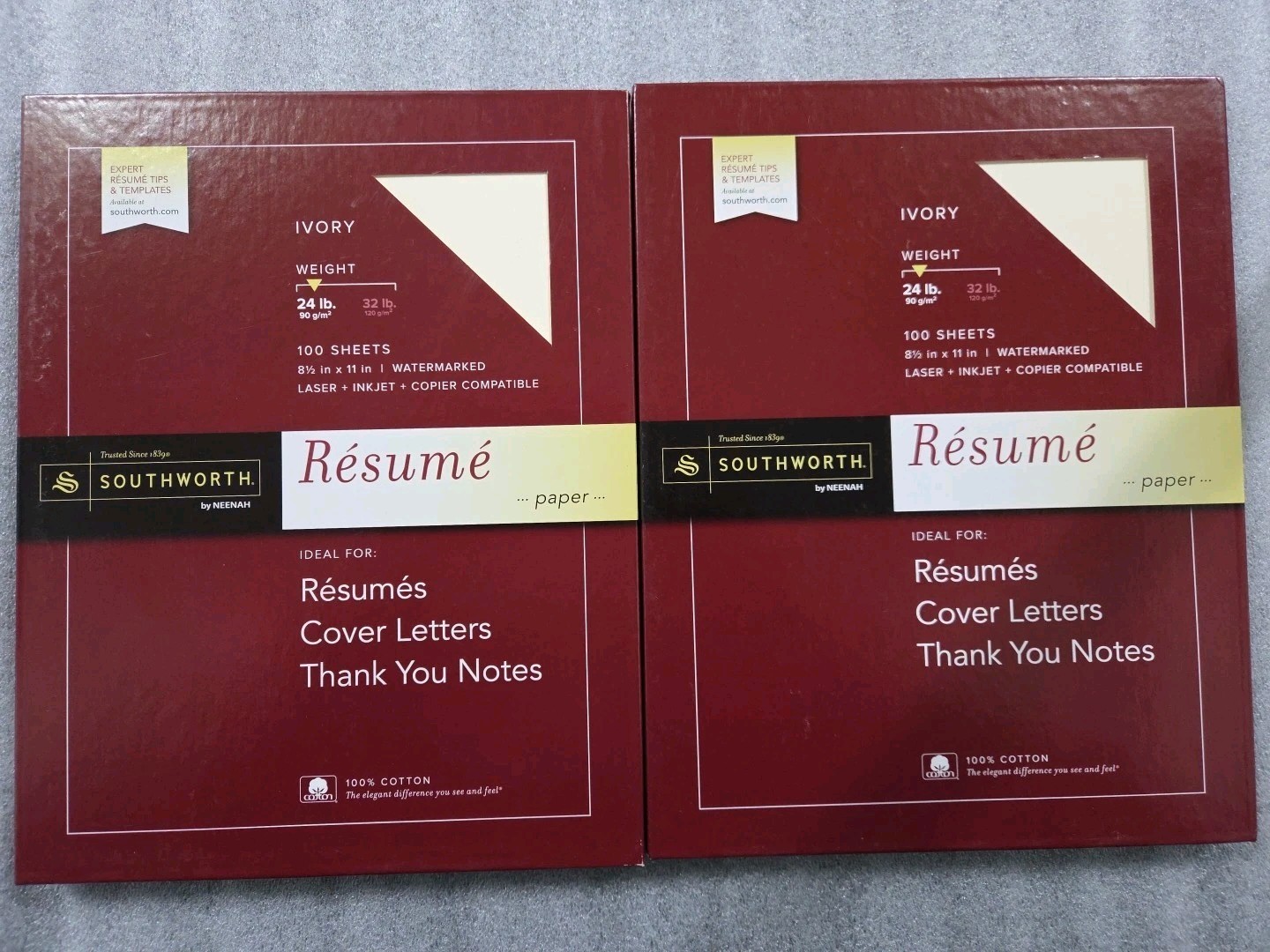 2 SouthWorth Resume Paper.100% Cotton.Laser,inkjet.Ivory Color.100 Sheets EA24LB