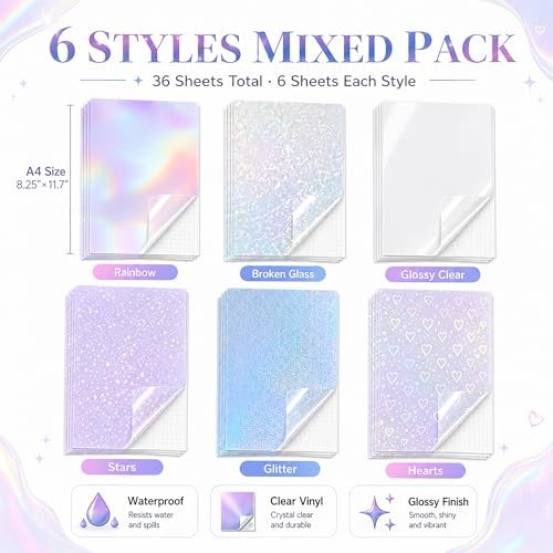 36 Sheets Holographic Sticker Paper Clear Laminating Sheets Adhesive 36 mixed