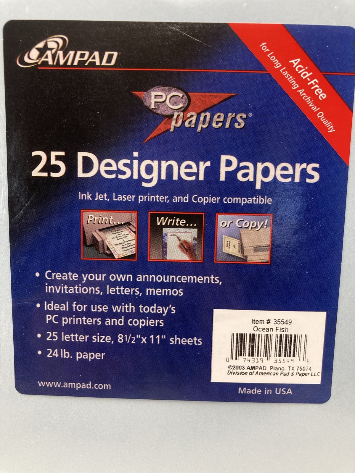 Ampad 1-pk of 25 Sheets Designer PC Paper Printer Ocean Fish New
