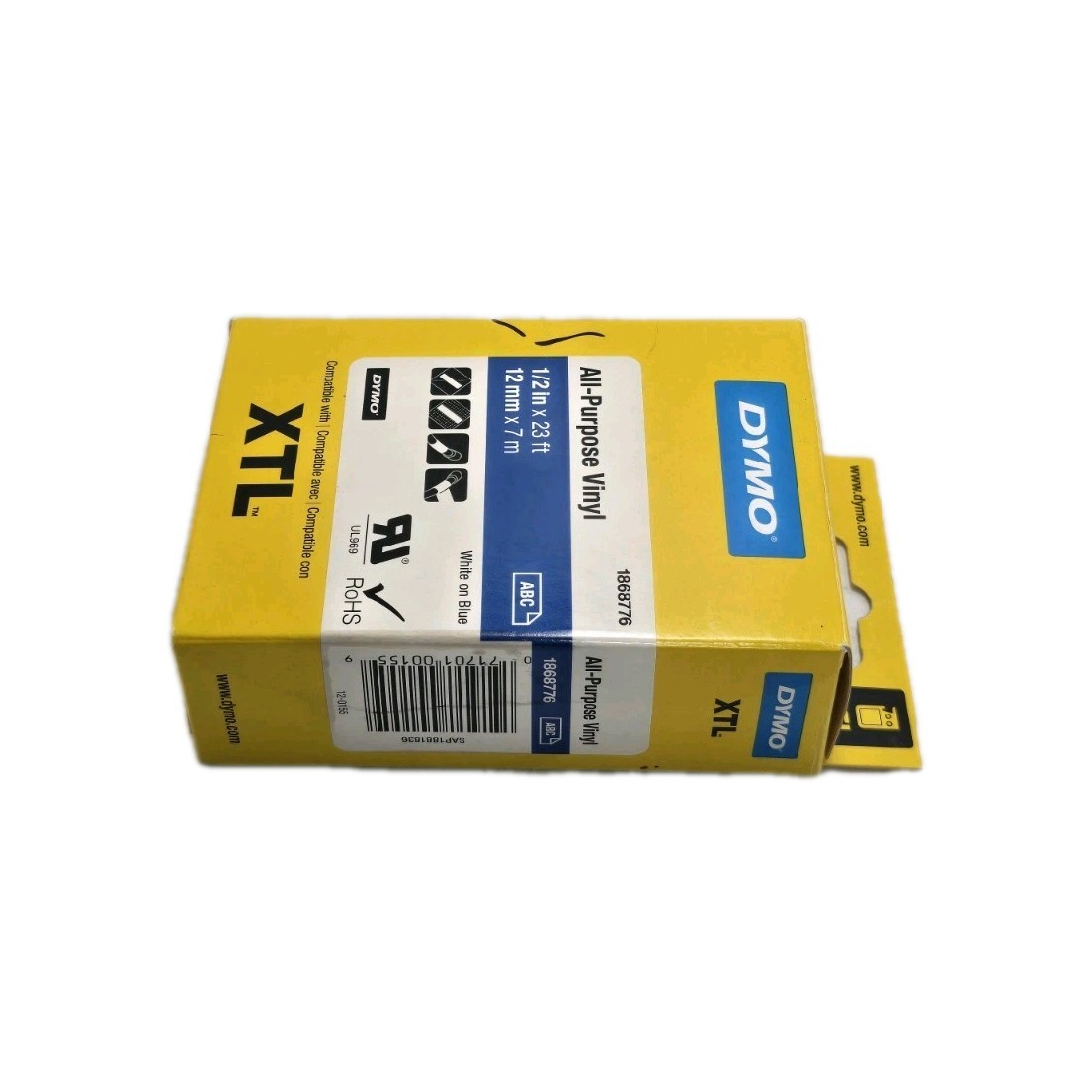Dymo 1868776 XTL 12mm x 7m Roll All-Purpose Vinyl White on Blue 1/2″ in x 23 Ft