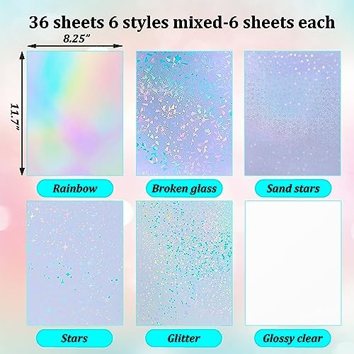 36 Sheets Holographic Sticker Paper rainbow,clear,stars,glitter,gem,sand stars