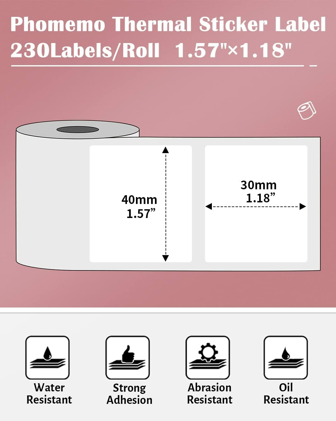 6 Roll 1380 Labels for Phomemo M110 M100 Printer, 40 x 30mm Square Thermal Paper