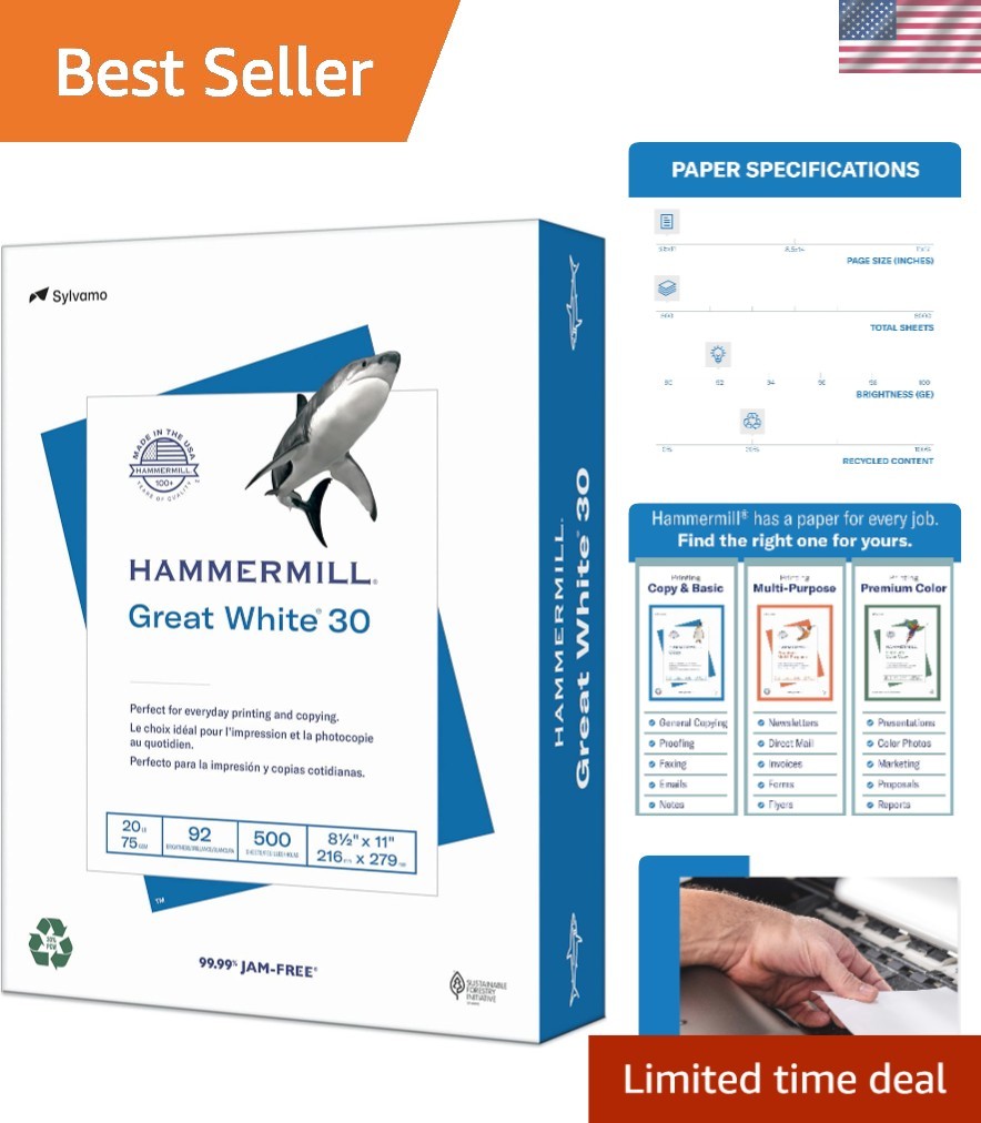 Reliable Great White 8.5×11 30% Recycled Paper – 500 Sheets, JAM-FREE Guarantee