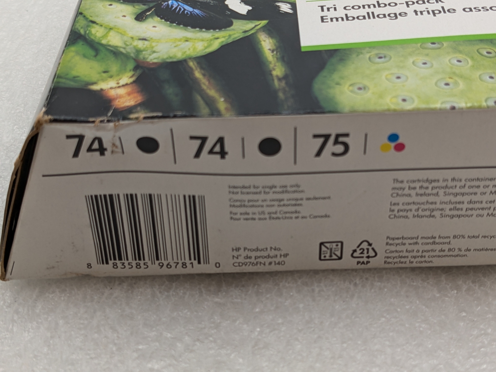 New HP 2 Pack 74 Black, 1 HP 75 Tri-Color & 5 Sheets Photo Paper CD976FN #140