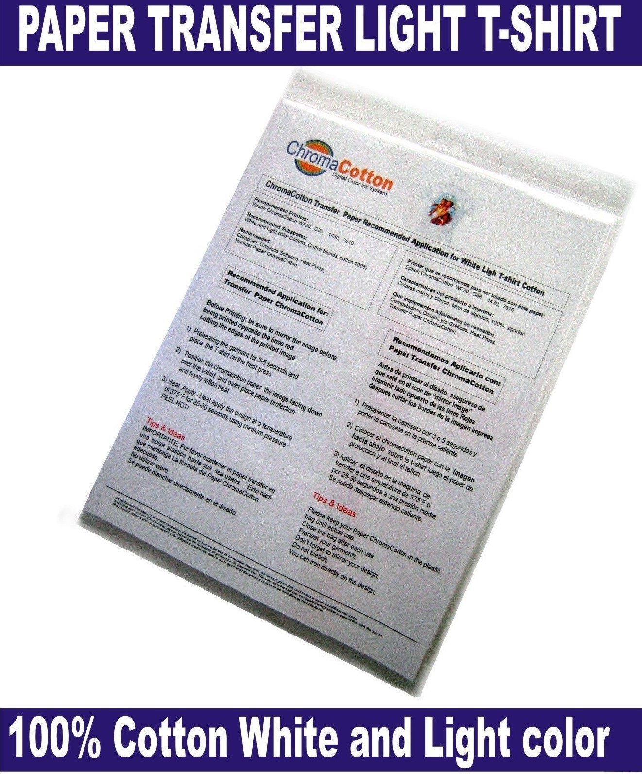 100 ChromaCotton Transfer Paper 8.5×11 for White Light T-shirt 100%Cotton .