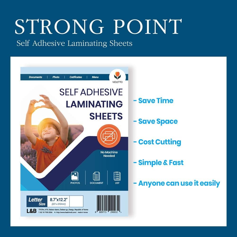 Self Stick Laminating Sheets 8.7 x 12.2 Inches, 4mil, Pack of 20, No Heat, No