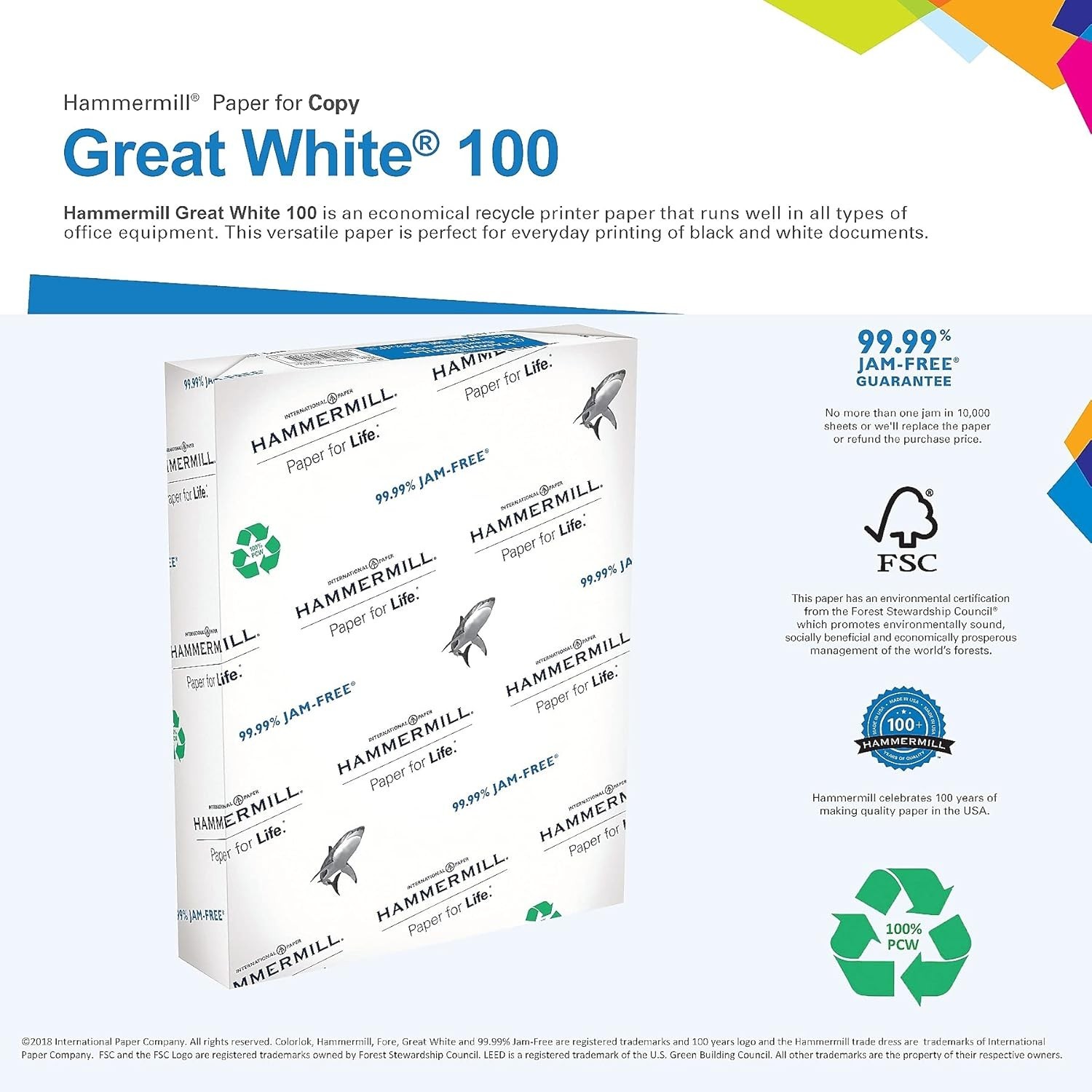 Great White 100% Recycled Paper – 500 Sheets, Jam-Free Copy Paper for Daily Use