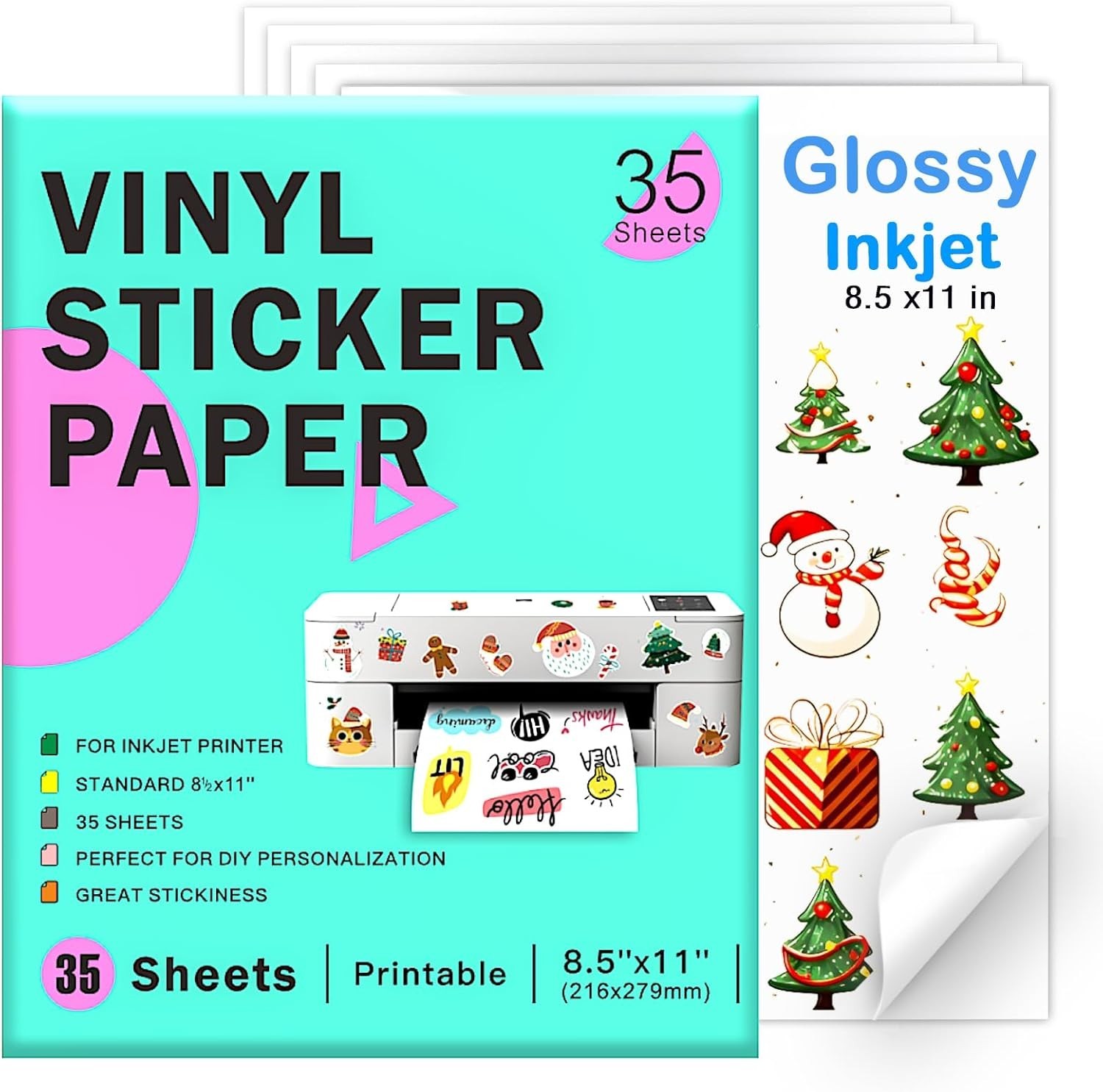 Printable Vinyl Sticker Paper for Inkjet Printer – 35 Sheets Glossy White – 8…