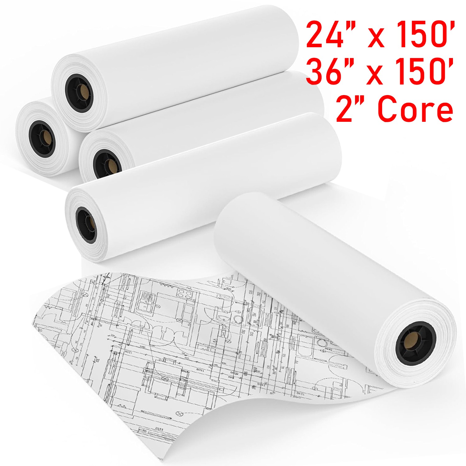 24″ x 150′ / 36″ x 150′ CAD Bond Plotter Paper – 80gsm Wide Format Roll 1-4 Roll
