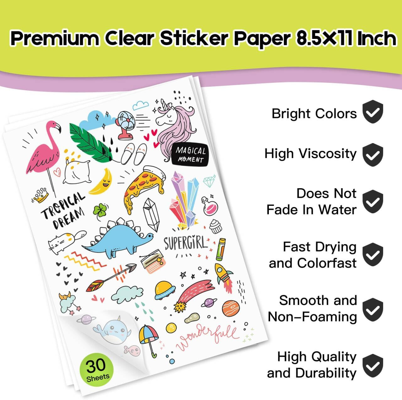30 Sheets Premium Printable Clear Vinyl Sticker Paper for Inkjet Printers 8.5X11