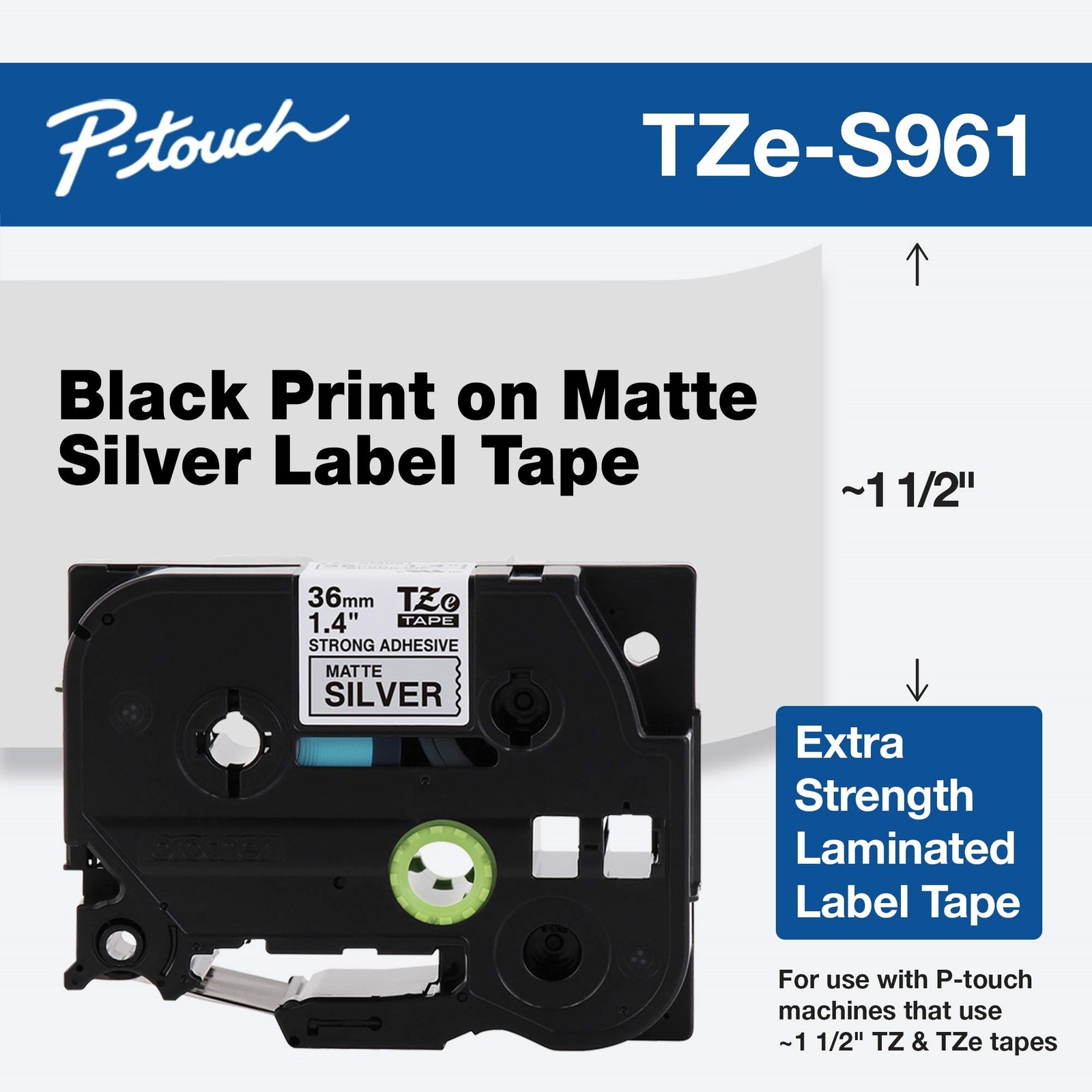 Brother TZE-S961 36mm Black on Matte Silver Tape w/ Extra Strength Adhesive, 8m