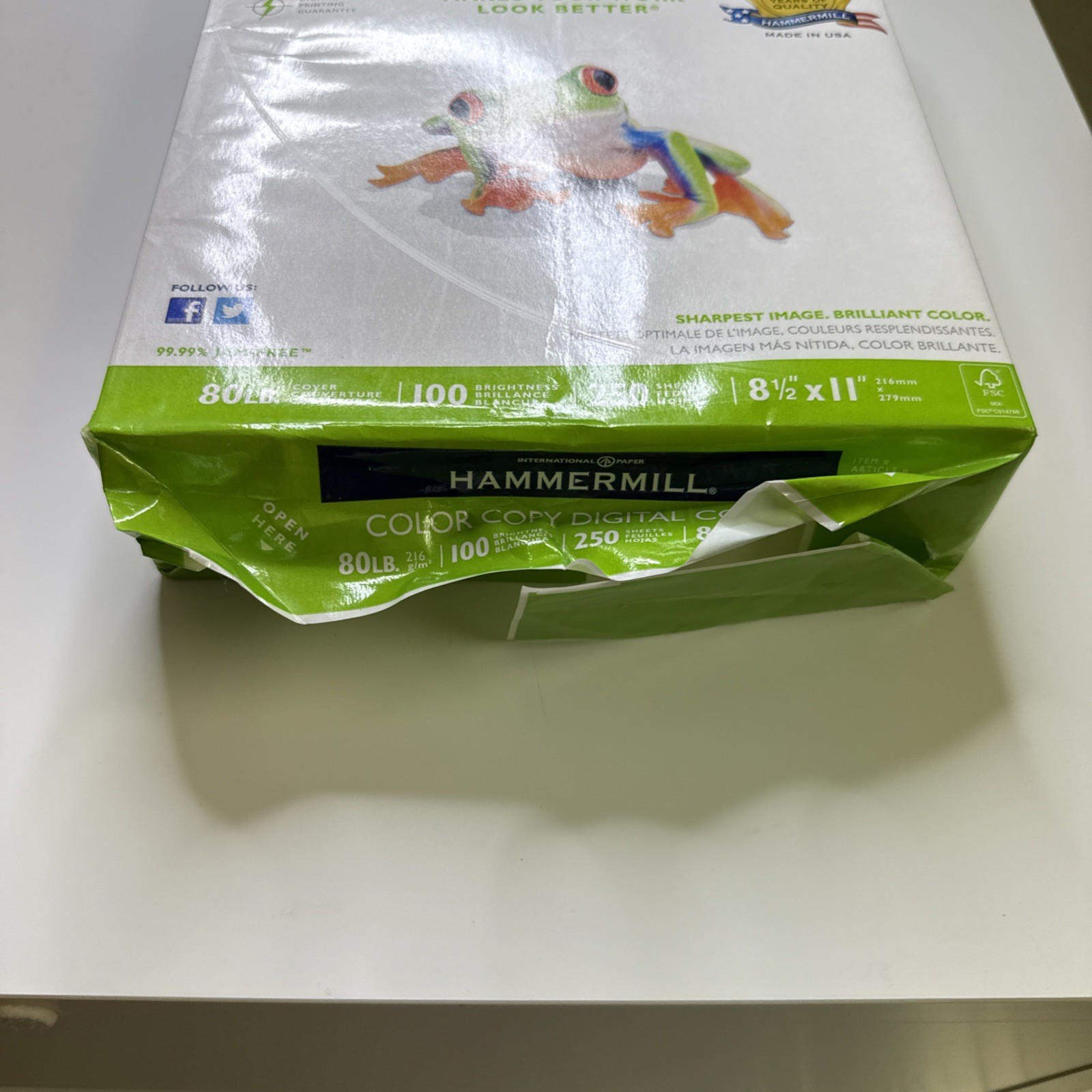 Hammermill 80lb. Cover Paper White 100 Brightness, 8.5”x11”, 250 Paper Sheets