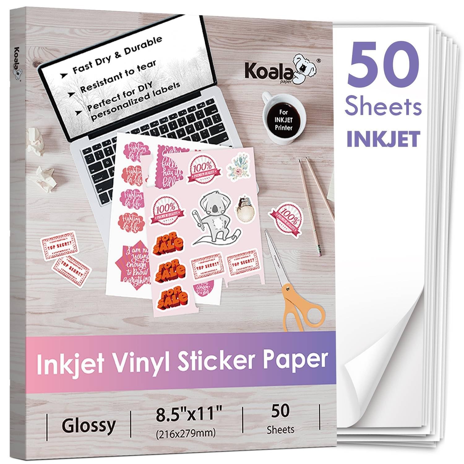 Koala Inkjet Printable Vinyl Sticker Paper for Inkjet Printer – 50 Sheets Whi…