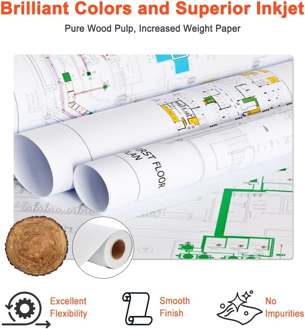 1/2/4 rolls 24″ x 150′ 20lb Bond Plotter Paper for Wide Format Inkjet Printers