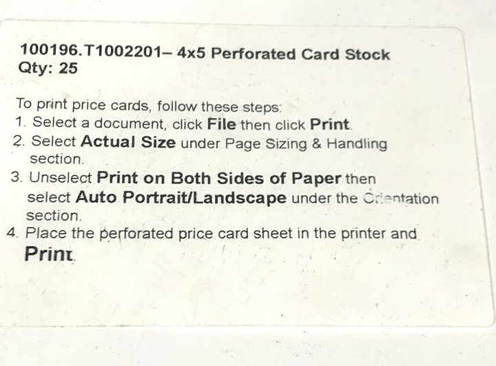 Perforated Cardstock, 4×5 100196.T1002201 -Lot of 125-