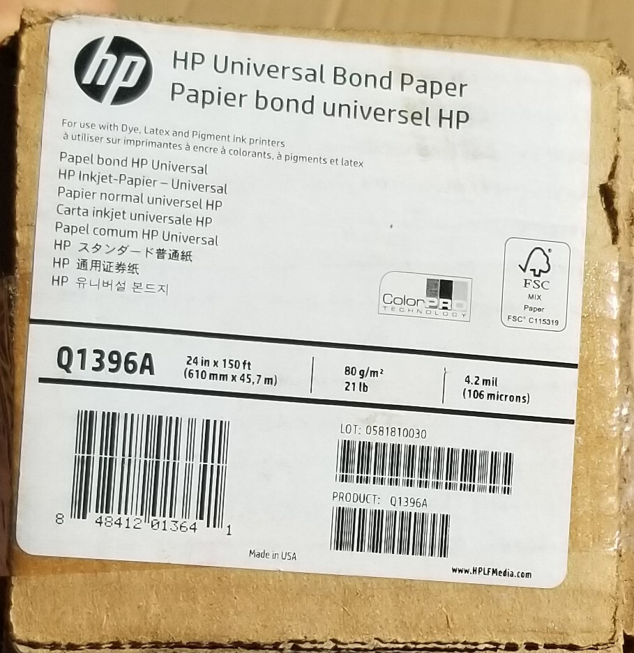 HP Universal Inkjet Print Bond Paper 24″ x 150 ft Matte White Q1396A
