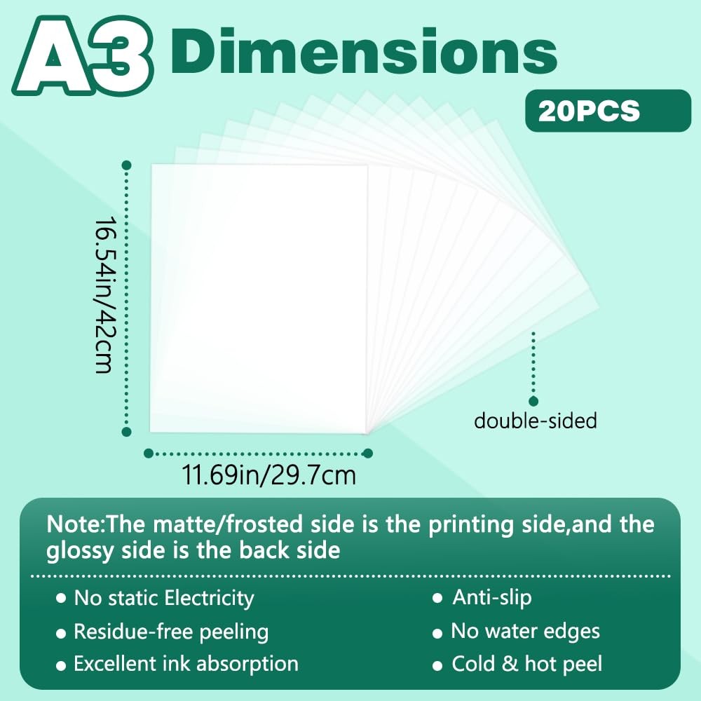 20 Sheets A3 DTF Transfer Film 11.7×16.5 Double Sided Matte Cold/Hot Peel