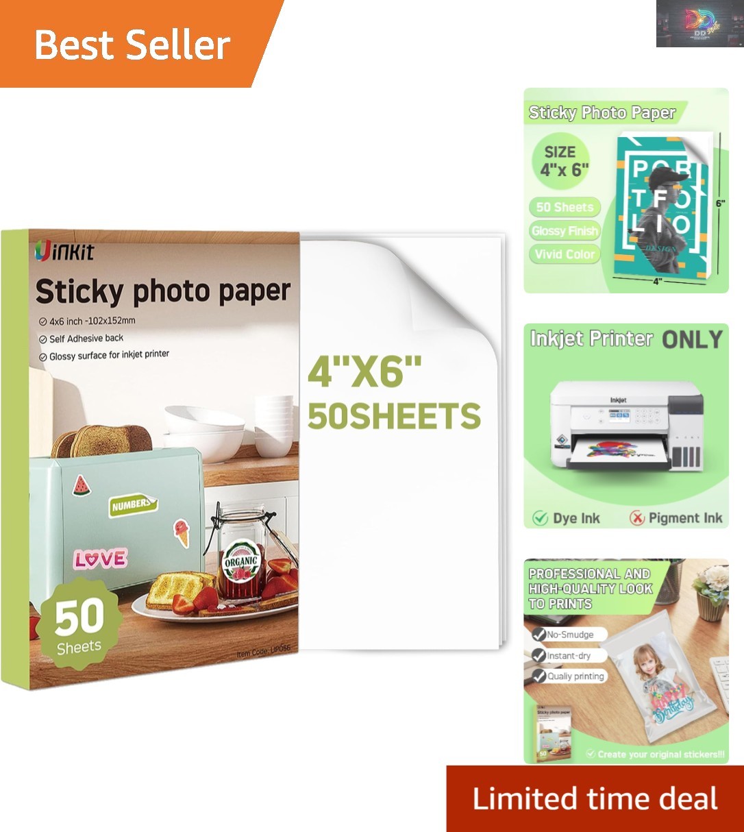 Vivid Glossy Inkjet Printable Sticker Paper, 4×6 Inches, 50 Sheets