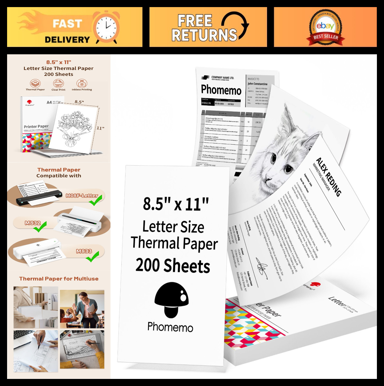 US Letter Thermal Printer Paper – 200 Sheets, 8.5×11″, Compatible with M08F, M83