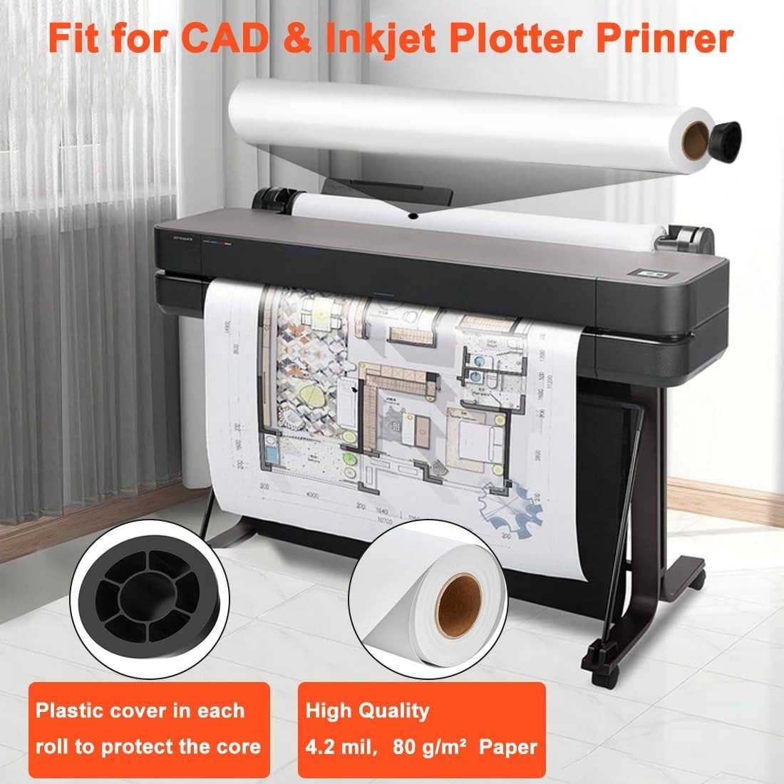 4 Rolls 36″ x 150′ 20lb Bond Plotter Paper for Wide Format Inkjet Printers US