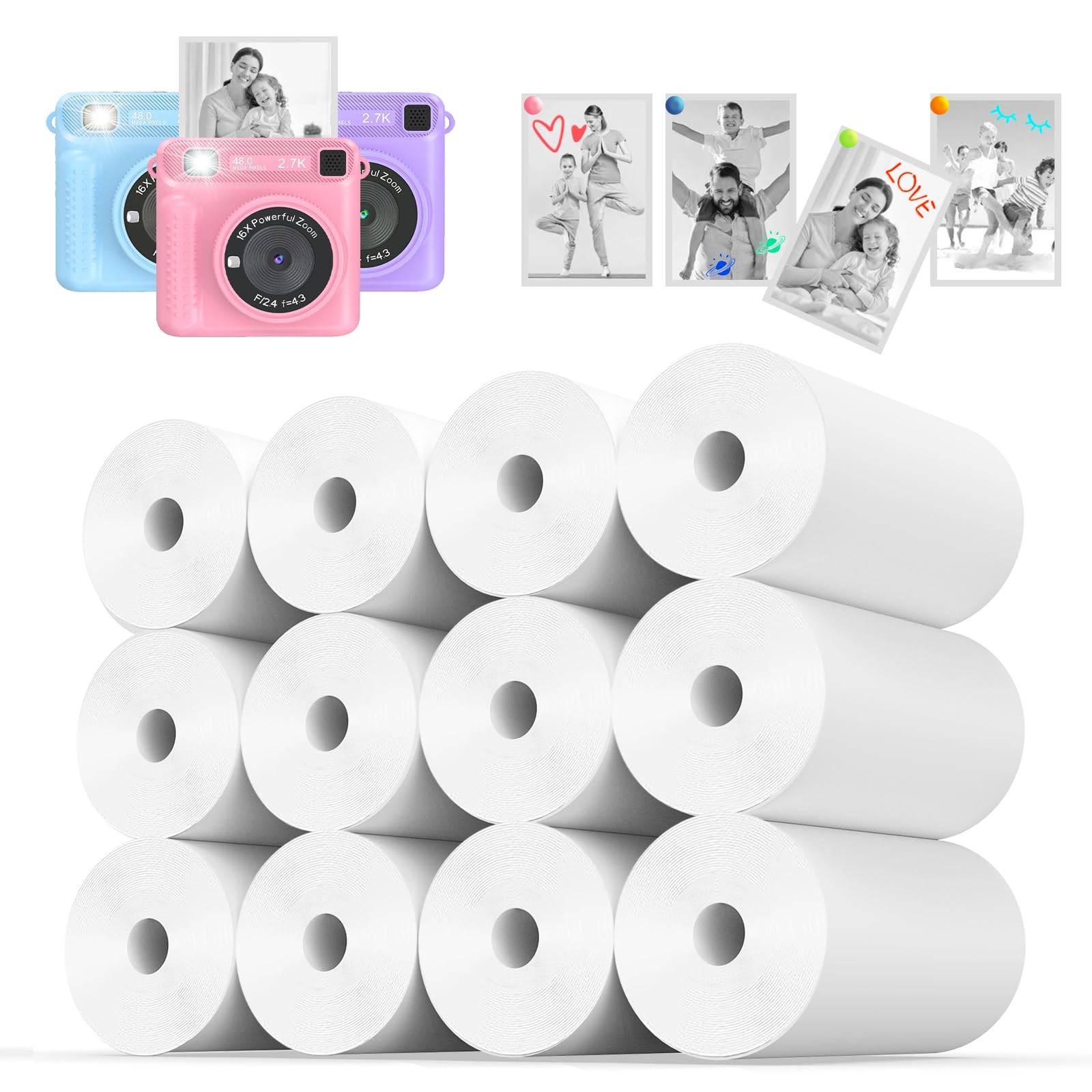 Thermal Paper, 12 Rolls Kids Instant Camera Refill Print Atnadov White