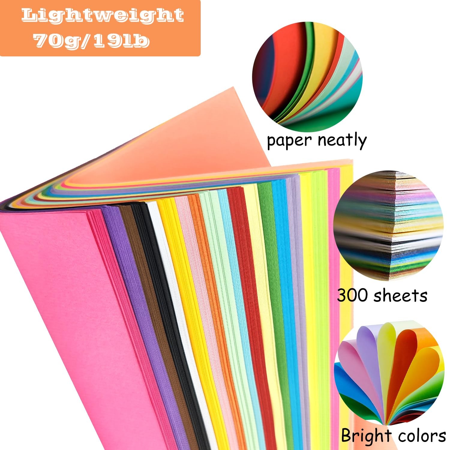Colored Printer Paper, 300 Sheets, 20 Assorted Colors, Double Sided, 70gsm