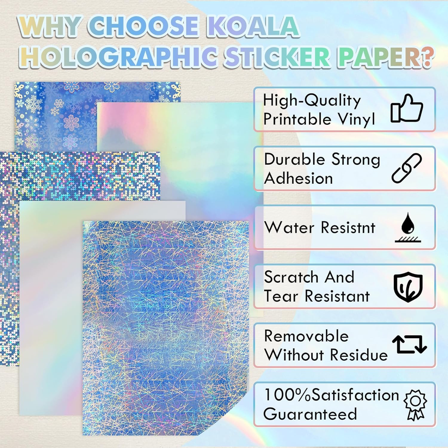 Koala Printable Holographic Vinyl Sticker Paper for Inkjet and Laser Printers, W