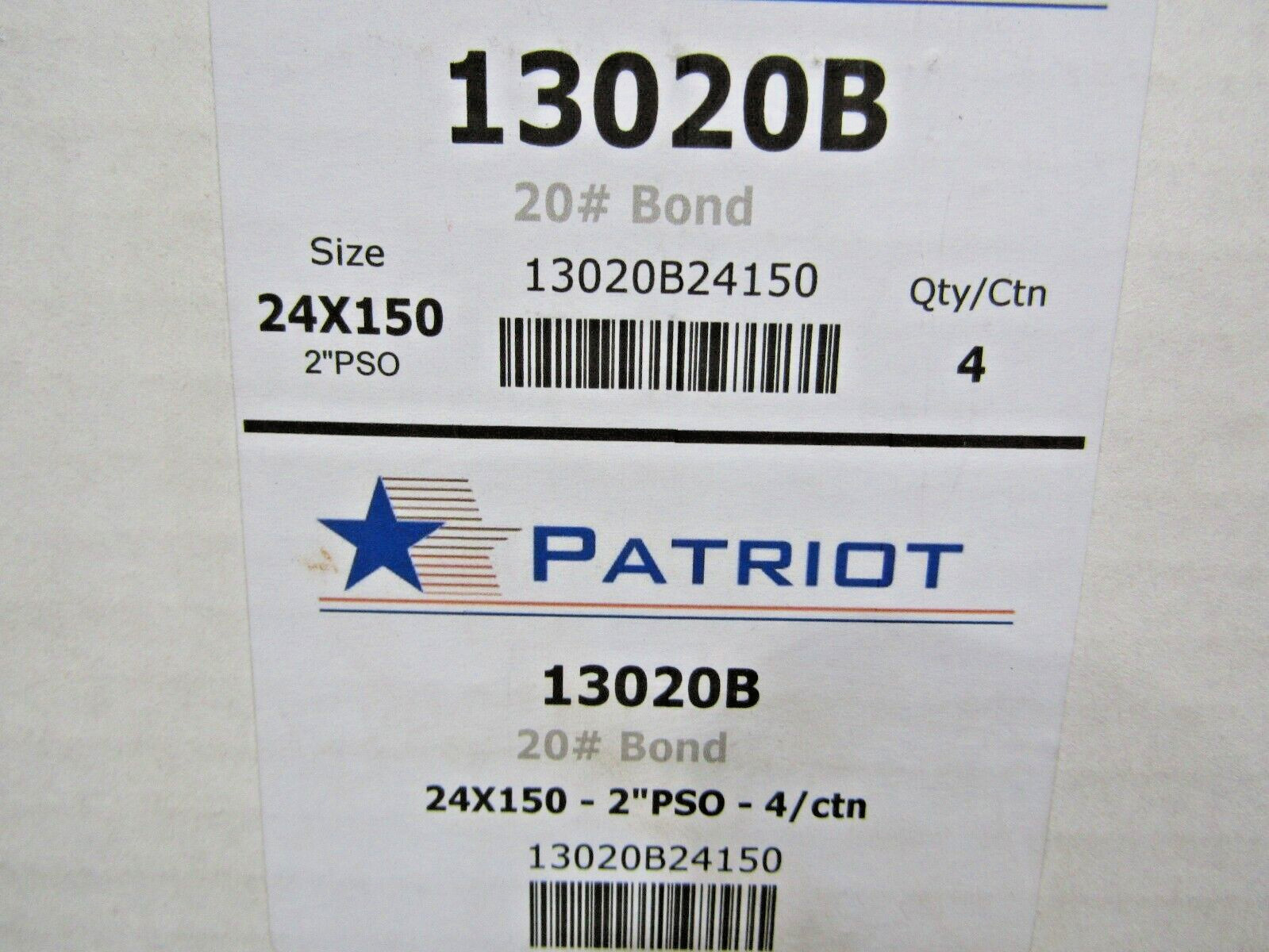 🔥4) NEW PATRIOT 20LB BOND 2″ PSO PRINTER PAPER 24″ X 150′ 4 ROLLS IN BOX 13020B