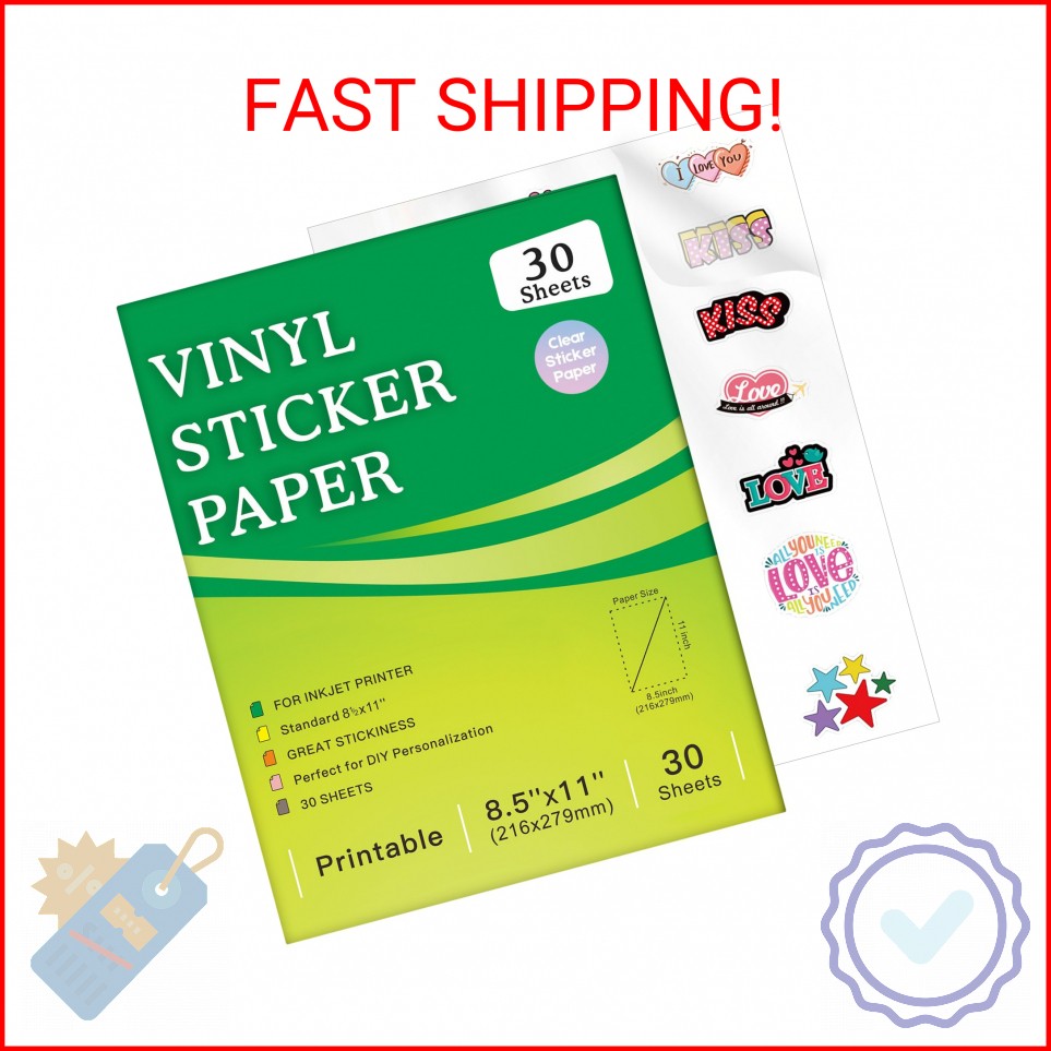 Aevdor 30 Sheets Printable Clear Sticker Paper for Inkjet Printer, Premium Vinyl