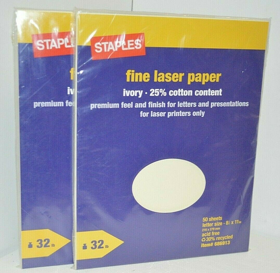 2X Staples Fine Laser Paper 25% Cotton Ivory 50 Sheet=100 Total Acid Free 32 lb