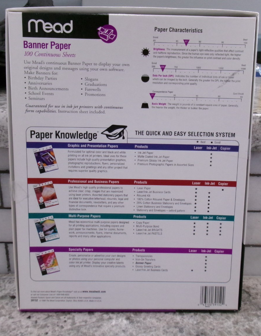 Mead Banner Paper, For Inkjet Printers, For Long Banners, 100 Continous Sheets