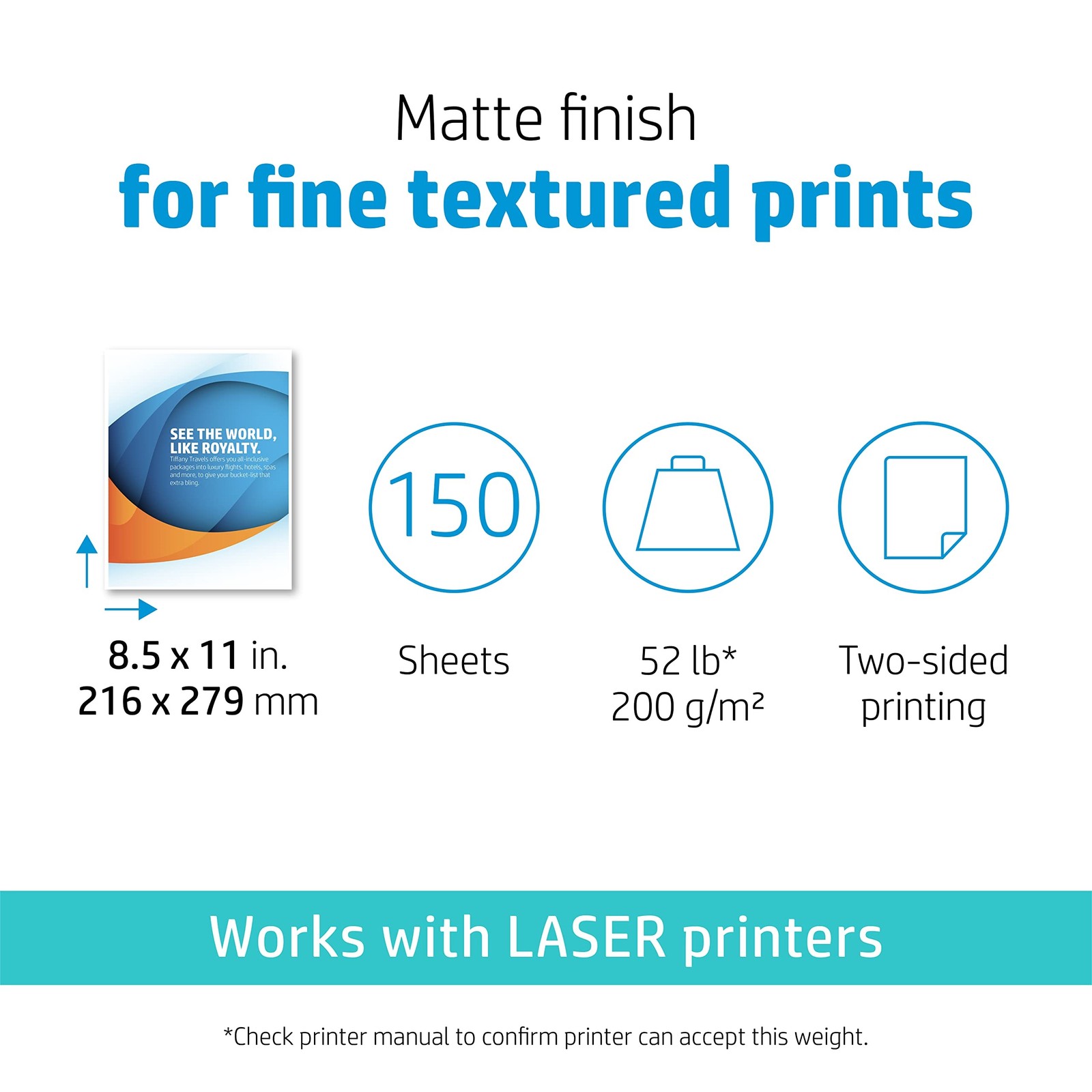HP Professional Business Paper 52lb Weight 8.5×11 Matte White 150/Pack 4WN05A