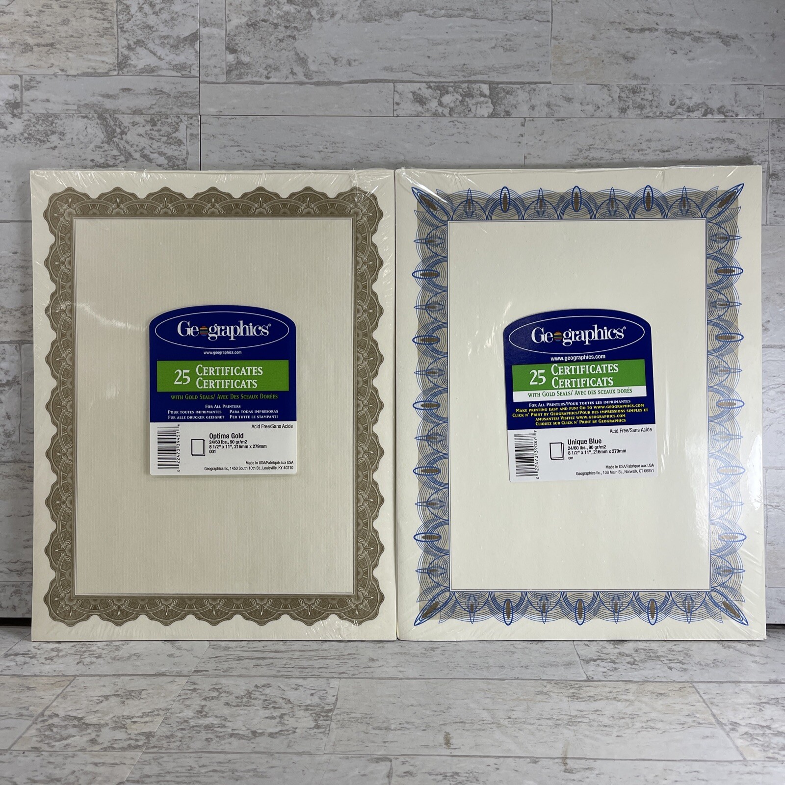 2 -25 Ct Geographics Unique Blue Certificates & Optima Gold & Seals 8-1/2″ x 11″