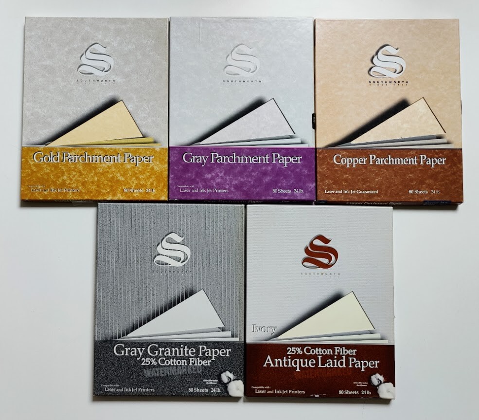 Southworth Parchment & Cotton Paper Bundle – Lot of 5 Boxes 80 Sheets Each – NEW