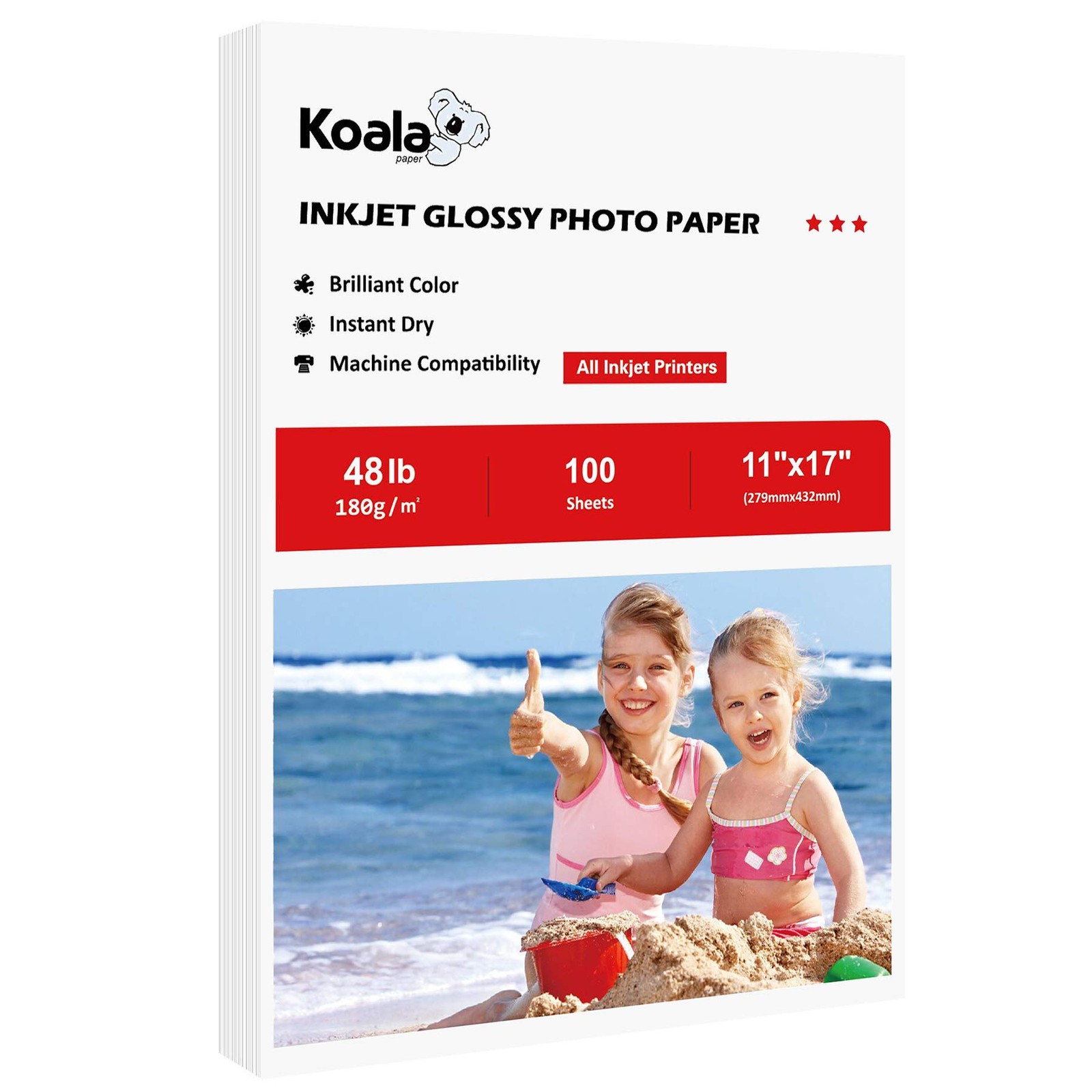 100 Sheets 11×17 inch 48 lb Glossy Inkjet Photo Paper 180GSM for Dye Ink