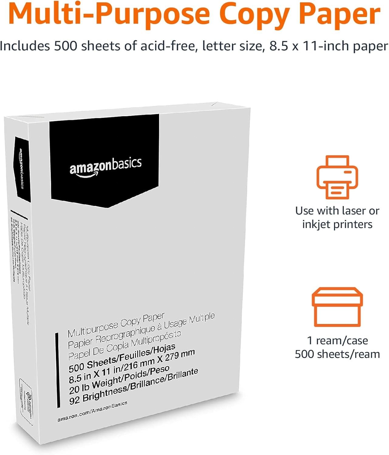 8.5×11 Jam-Free Multipurpose Copy Paper, 500 Sheets, 20lb, Bright White