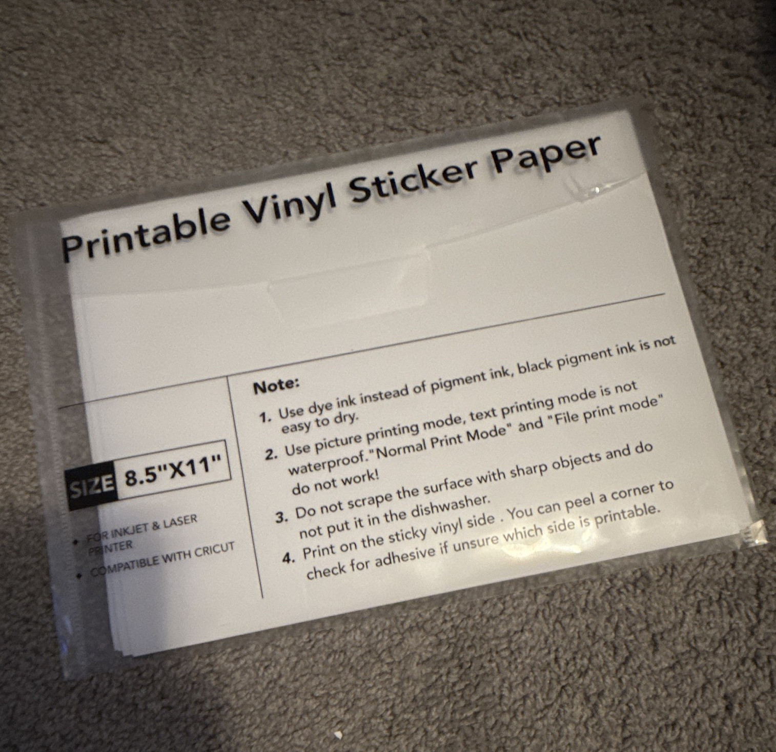 Vinyl Sticker Paper Letter 8.5 x 11 for Inkjet & Laser, Compatible with Cricut