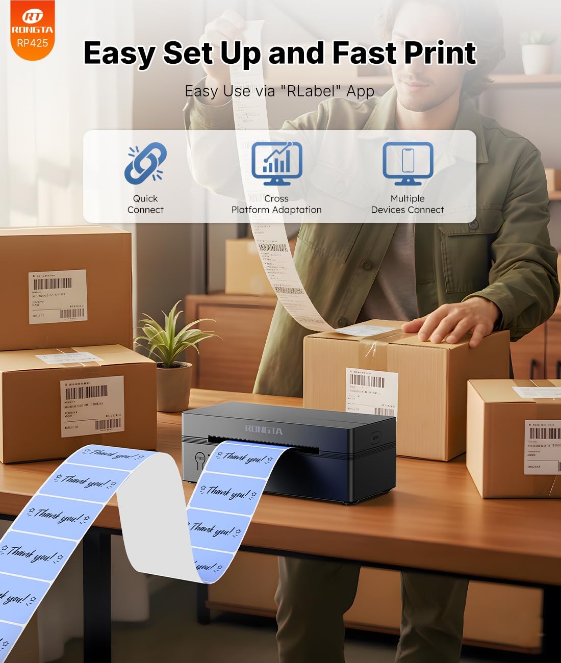 Rongta Bluetooth Thermal Shipping Label Printer, Wireless 4×6 Small, Black