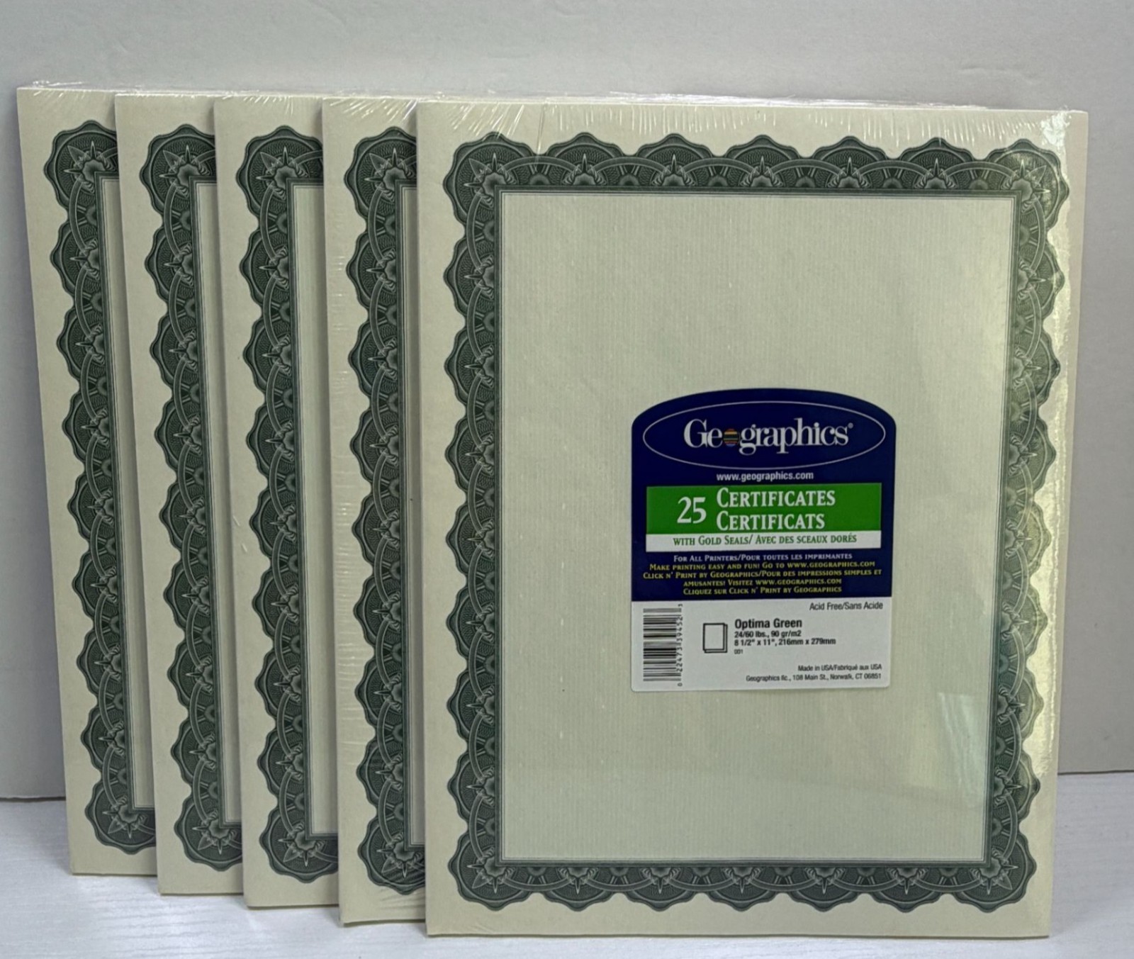 Geographics Certificates Lot of 5 Packs Optima Green + Gold Seals 25 Each Pack