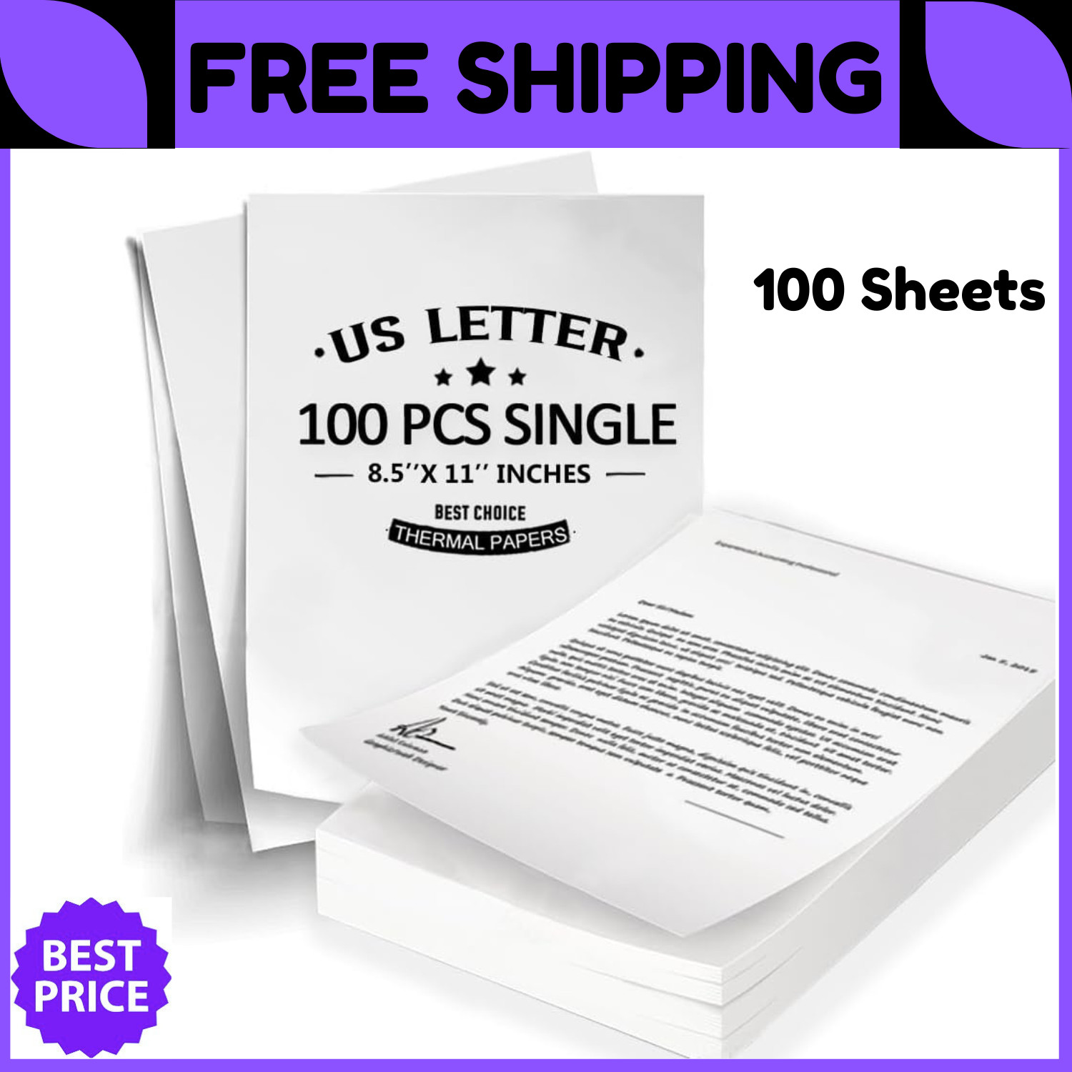 100 Sheets Thermal Printer Paper 8.5 X 11 Inch US Letter Size Thermal Paper