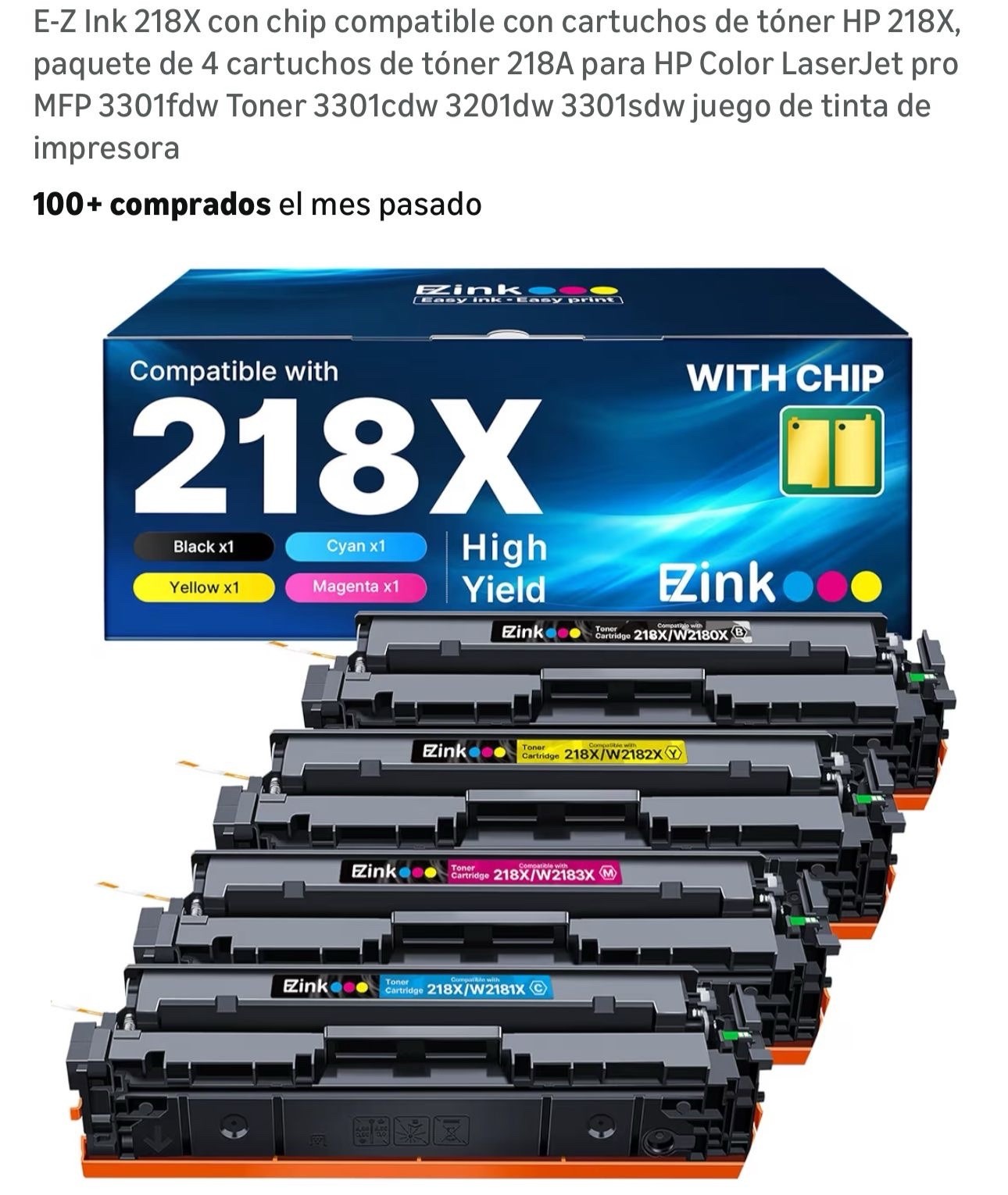 E-Z Ink 218X with chip, compatible with HP 218X toner cartridges, 4-pack