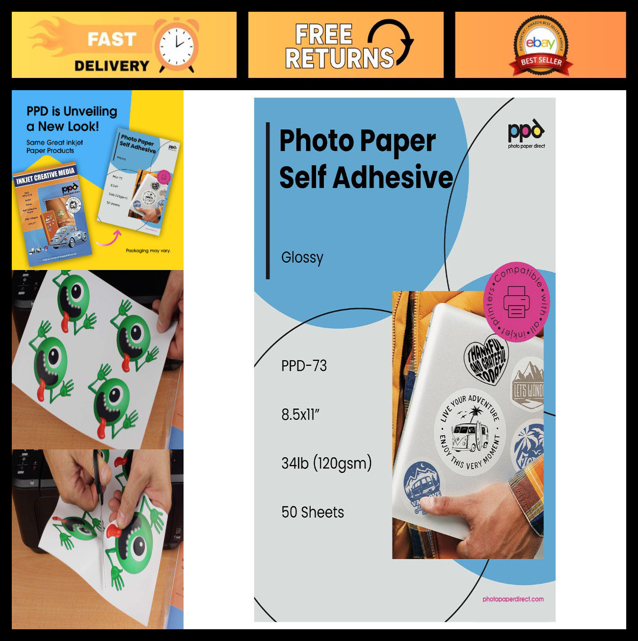 Premium Printable Sticker Paper – 50 Sheets 8.5×11″ Self-Adhesive Inkjet Paper,