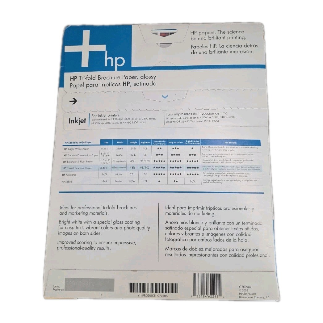 HP Tri-fold Glossy Brochure Paper Inkjet 100 Sheet 8.5×11 44lb Bond W/ Seals