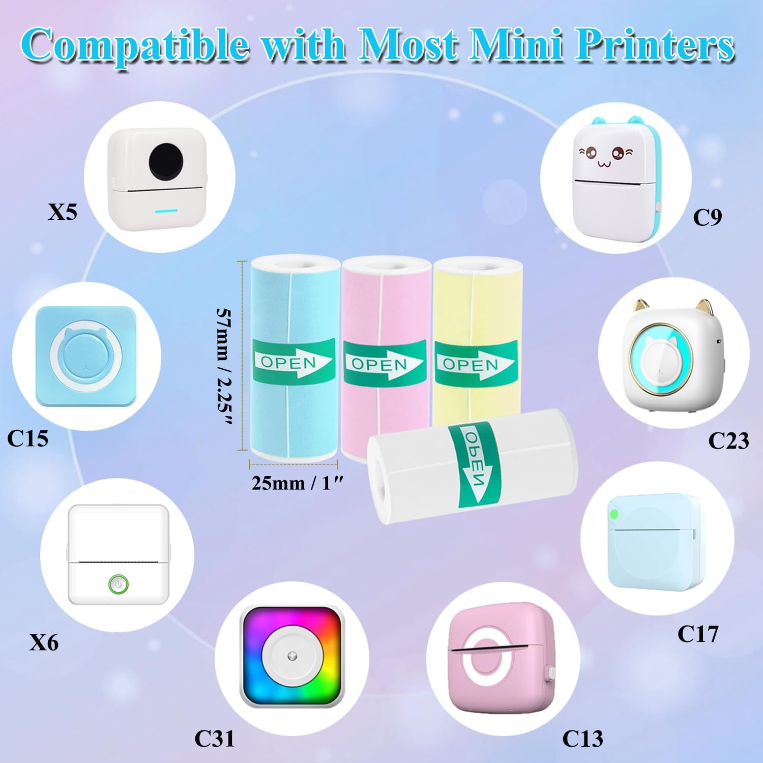 15 Rolls Thermal Sticker Paper for Mini Printer Sticker Maker, Including 9 Color